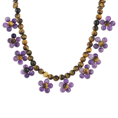 Tiger's eye and amethyst beaded necklace, 'Tiny Flowers in Purple' - Tiger's Eye and Amethyst Beaded Necklace from Thailand