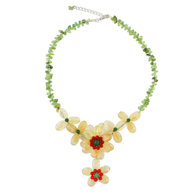Yellow Green Citrine and Peridot Statement Flower Pendant Necklace