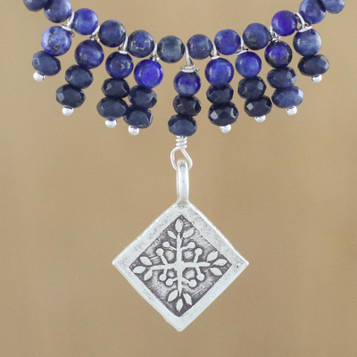 Halskette mit Lapislazuli-Anhänger - Halskette aus blauem Lapis und Quarz mit Anhänger aus 950er Silber