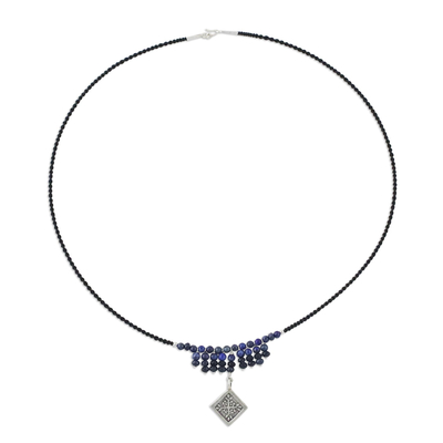 Lapis lazuli pendant necklace, 'Hill Tribe Snowflake' - Blue Lapis and Quartz Necklace with 950 Silver Pendant