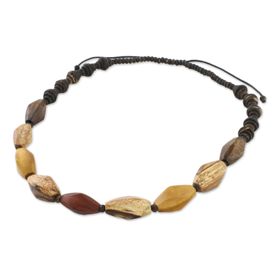 Wood and coconut shell beaded necklace, 'Adventure Lover' - Wood and Coconut Shell Long Necklace from Thailand