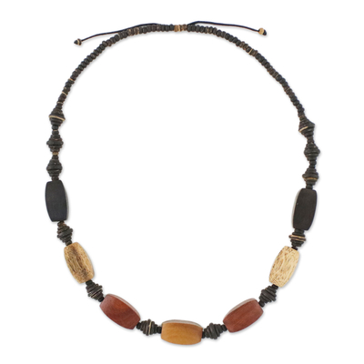Wood and Coconut Shell Long Beaded Necklace