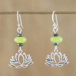 Agate and hematite dangle earrings, 'Lotus Gleam' - Handmade Agate and Hematite Lotus Dangle Earrings