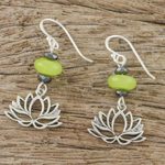 Agate and hematite dangle earrings, 'Lotus Gleam' - Handmade Agate and Hematite Lotus Dangle Earrings