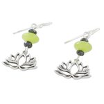 Agate and hematite dangle earrings, 'Lotus Gleam' - Handmade Agate and Hematite Lotus Dangle Earrings