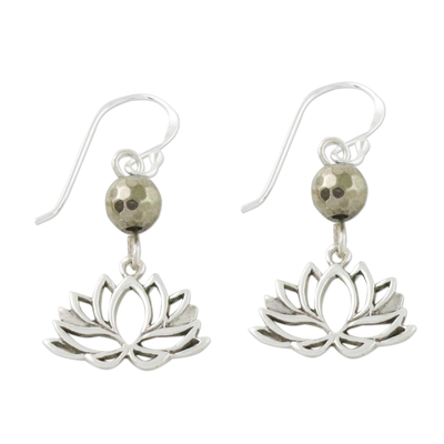 Pyrite dangle earrings, 'Lotus Gleam' - Pyrite and Sterling Silver Lotus Dangle Earrings