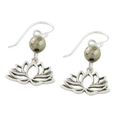 Pyrite dangle earrings, 'Lotus Gleam' - Pyrite and Sterling Silver Lotus Dangle Earrings