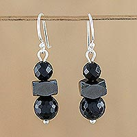 Onyx and hematite dangle earrings, 'Style by Night'