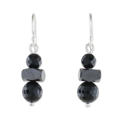 Onyx and Hematite Dangle Earrings from Thailand