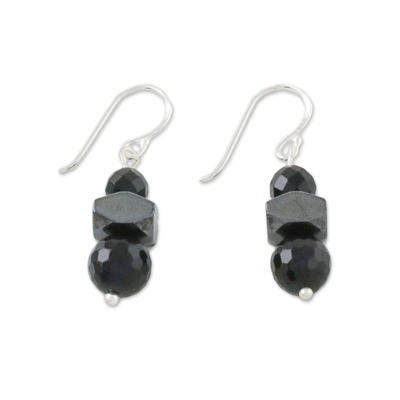 Onyx and hematite dangle earrings, 'Style by Night' - Onyx and Hematite Dangle Earrings from Thailand