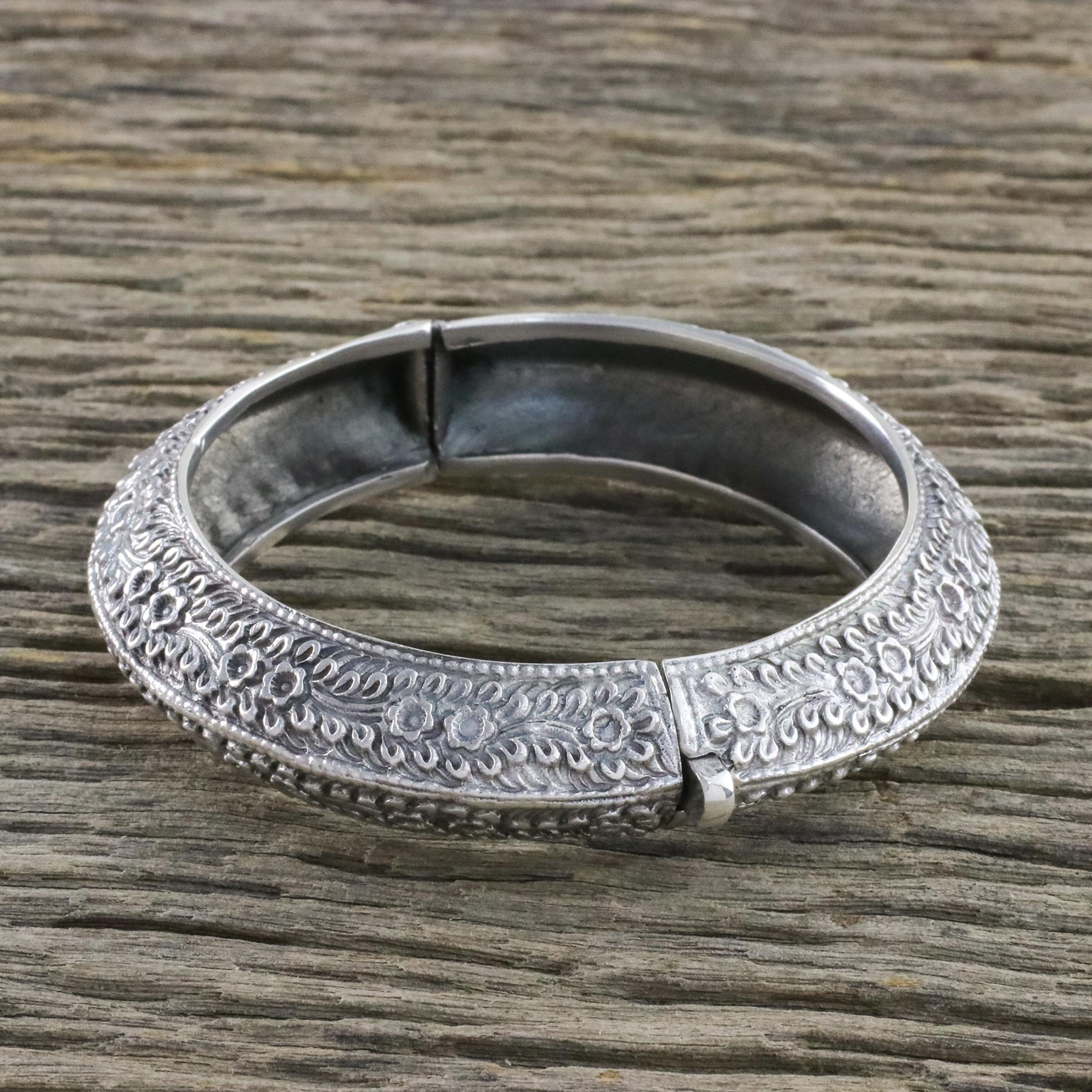 Floral Motif Sterling Silver Bangle Bracelet from Thailand - Dainty ...
