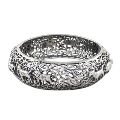 Sterling silver bangle bracelet, 'Chinese Zodiac' - Hinged Sterling Bangle with Chinese Zodiac Animals