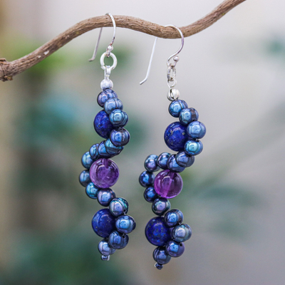 Multi-gemstone dangle earrings, 'Dancing Gems in Blue' - Multi-Gemstone Dangle Earrings in Blue from Thailand