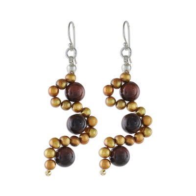 Tiger's eye and cultured pearl dangle earrings, 'Dancing Gems' - Tiger's Eye and Cultured Pearl Dangle Earrings from Thailand