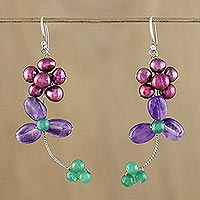 Multi-gemstone beaded dangle earrings, 'Morning Buds in Purple' - Cultured Pearl and Amethyst Beaded Dangle Earrings