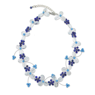 Lapis lazuli and quartz beaded necklace, 'Bluebell Breeze' - Women's Lapis Lazuli and Quartz Beaded Flower Necklace