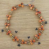 NOVICA Carnelian Cultured Freshwater Pearl .925 Sterling Silver Beaded Necklace Opulent Ginger