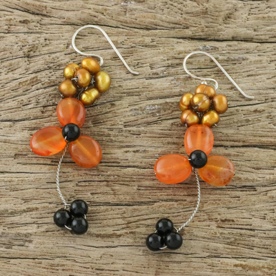 Carnelian and cultured pearl beaded dangle earrings, 'Autumn Days' - Dangle Earrings with Carnelian and Golden Cultured Pearl