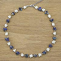 Cultured pearl and lapis lazuli beaded necklace, 'Chiang Mai Memories'