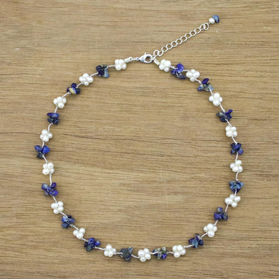 Cultured pearl and lapis lazuli beaded necklace, Chiang Mai Memories