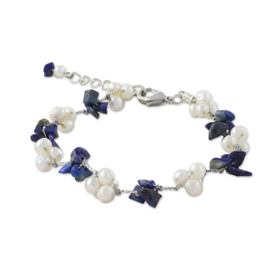 Cultured pearl and lapis lazuli beaded bracelet, 'Chiang Mai Memories in Blue' - Beaded Bracelet with Cultured Pearl and Lapis Lazuli