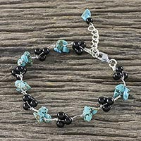 Onyx beaded bracelet, 'Chiang Mai Mist' - Artisan Crafted Bracelet with Onyx and Turquoise Beads