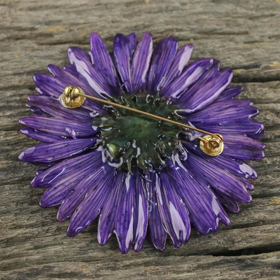 Natural flower brooch, 'Splendid Petals in Violet' - Handmade Natural Blue-Violet Gerbera Brooch from Thailand