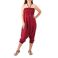 Solid Wine Red Rayon Convertible Jumpsuit or Harem Pants,'Elegant Lanna in Wine'
