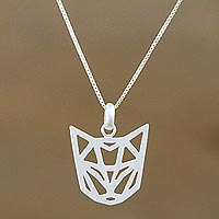Sterling silver pendant necklace, 'Feline Geometry' - Geometric Sterling Silver Cat Necklace from Thailand