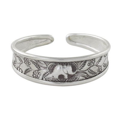 Sterling silver cuff bracelet, 'Elephant in Paradise' - Handcrafted Sterling Silver Elephant Cuff Bracelet