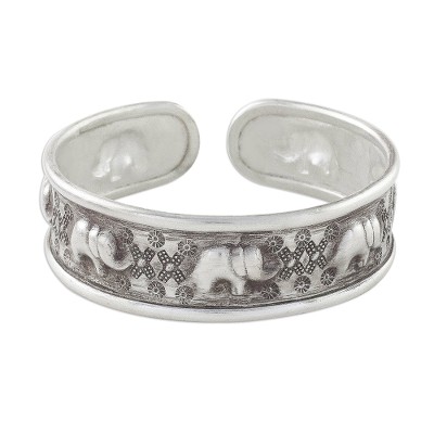 Sterling silver cuff bracelet, 'Elephant Wonder' - Handcrafted Sterling Silver Elephant Cuff Bracelet
