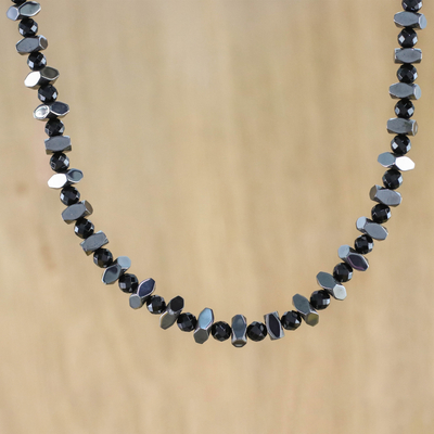Onyx and hematite beaded necklace, 'Style by Night' - Onyx and Hematite Beaded Necklace from Thailand