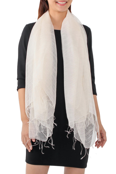 Silk blend scarf, 'Dazzling Beauty in Alabaster' - Handwoven Silk Blend Scarf in Alabaster from Thailand