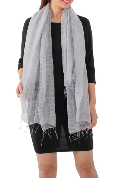 Silk blend scarf, 'Dazzling Beauty in Smoke Grey' - Handwoven Silk Blend Scarf in Smoke Grey from Thailand