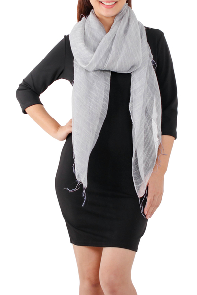 Silk blend scarf, 'Dazzling Beauty in Smoke Grey' - Handwoven Silk Blend Scarf in Smoke Grey from Thailand