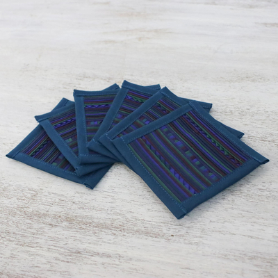 Cotton blend coasters, 'Lahu Dark Teal' (set of 6) - Hand Crafted Dark Teal Cotton Blend Coasters (Set of 6)