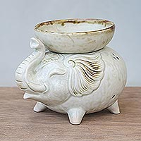 Ceramic oil warmer, 'Elephant Fragrance in White' - Elephant-Shaped Ceramic Oil Warmer in White from Thailand