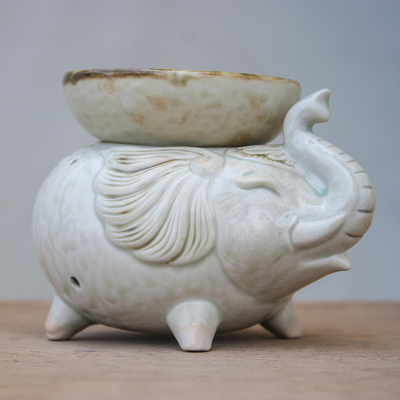 Ceramic oil warmer, 'Elephant Fragrance in White' - Elephant-Shaped Ceramic Oil Warmer in White from Thailand