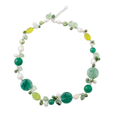Multi-gemstone beaded necklace, 'Honey Apple' - Handmade Quartz Cultured Pearl Beaded Necklace