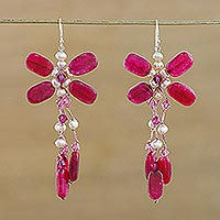 Cultured pearl and quartz dangle earrings, 'Pretty in Pink Pearl' - Hand Crafted Cultured Pearl and Quartz Dangle Earrings