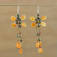 Carnelian and unakite chandelier earrings, 'Pretty in Carnelian' - Hand Crafted Carnelian and Unakite Chandelier Earrings