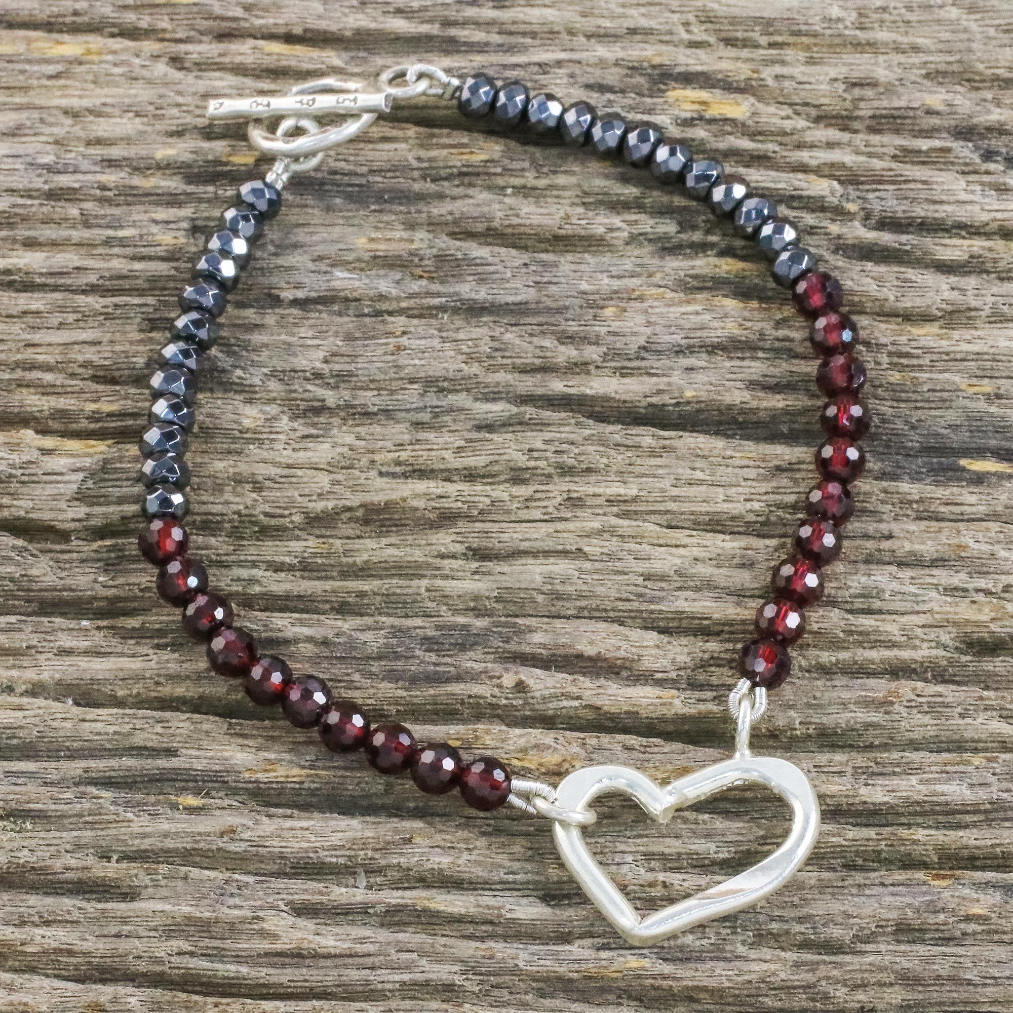 Handmade Garnet Hematite 950 Silver Bracelet Special Heart In Red