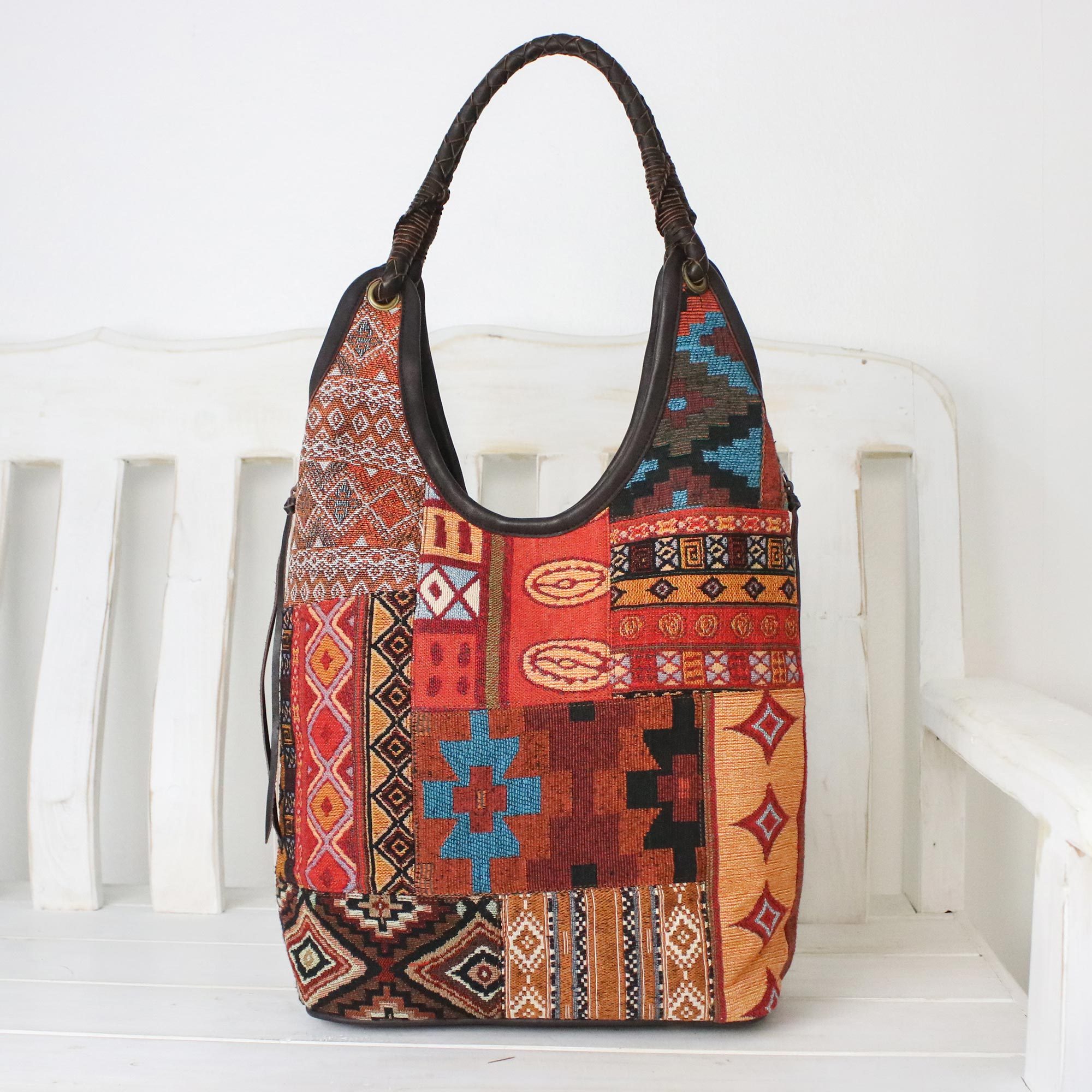 Handmade Cotton Blend Patchwork Red Hobo Bag Leather Trim Perfect In Handmade Cotton Blend Patchwork Red Hobo Bag Leather Trim Perfect In