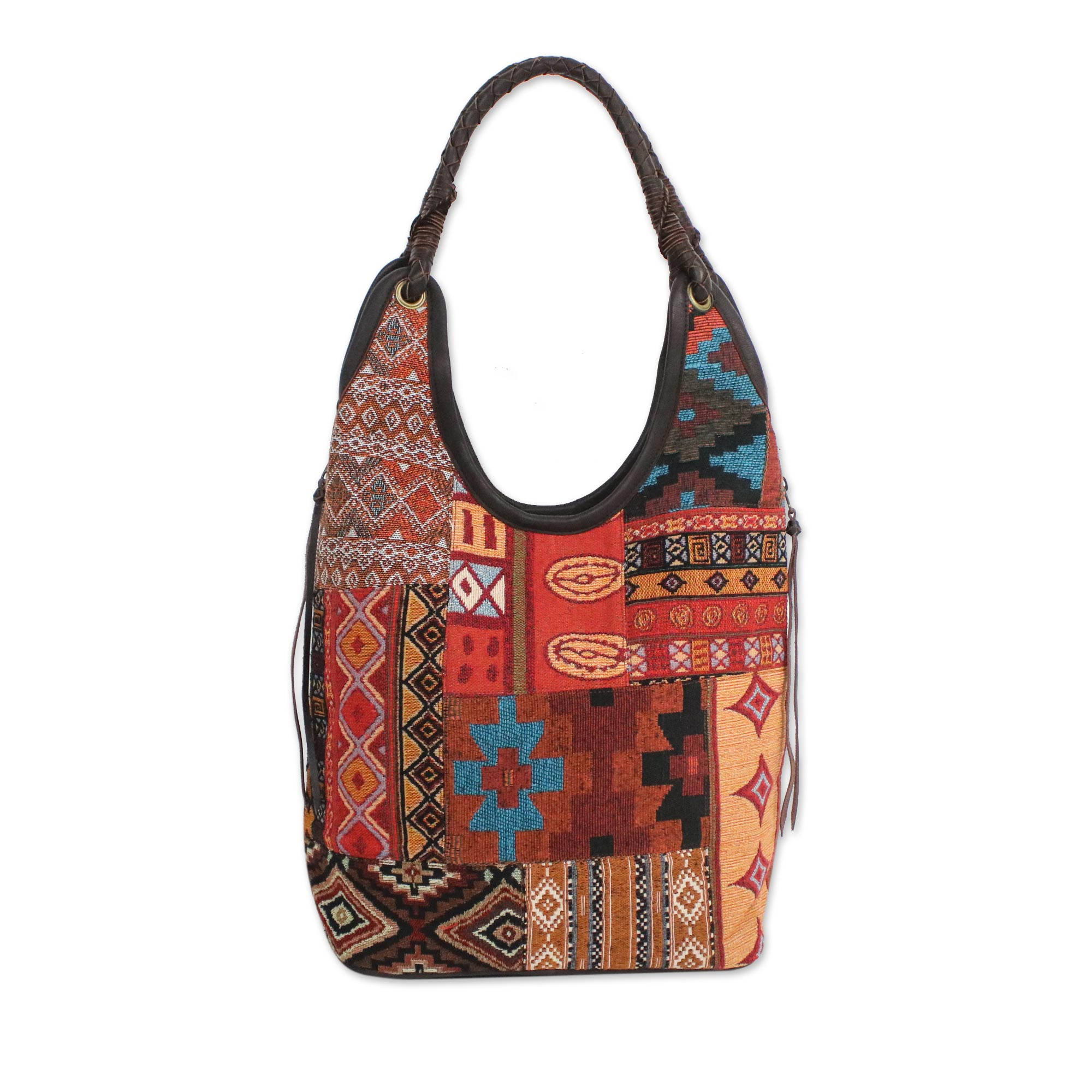 Handmade Cotton Blend Patchwork Red Hobo Bag Leather Trim - Perfect ...