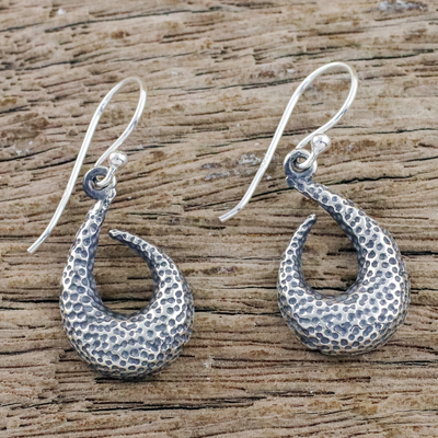 Sterling silver dangle earrings, 'Coral Hooks' - Textured Sterling Silver Dangle Earrings from Guatemala