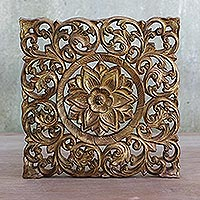 Teak wood wall relief panel , 'Flower Blooming' - Hand Carved Taiwanese Floral Wood Panel in a Gold Finish