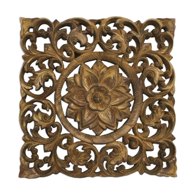 Hand Carved Taiwanese Floral Wood Panel in a Gold Finish