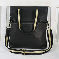 Black Leather Handbag with Removable Strap and Roomy Pockets,'Accomplished'
