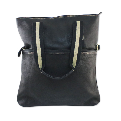 Black Leather Handbag with Removable Strap and Roomy Pockets
