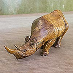 Raintree Wood Rhinoceros Statuette from Thailand, 'Wary Rhino'
